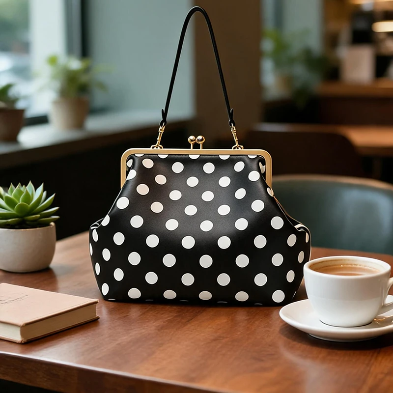 Schwarz-weiß gepunktete Damenhandtasche mit Verschlussrahmen, große Umhängetasche, Vintage-PU-Tragetasche für den Alltag – Detail 5