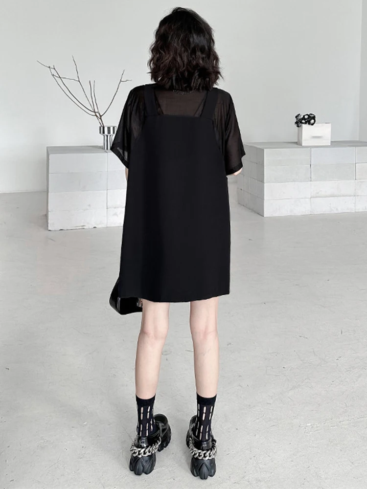 [EAM] Women Black Pocket Perspective Big Size Mini Shirt Dress New Lapel Half Sleeve Fashion Tide Spring Autumn 2024 1DH5144