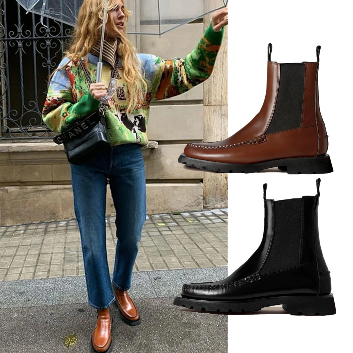 

Dave&Di British Retro Fashion Cowhide Handmade Ankle Boots Minimalist Zipper Chelsea Boots Women For Autumn Winter