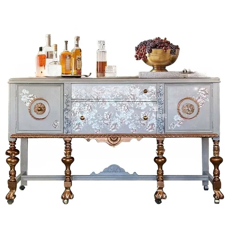 

French retro solid wood carving flower entrance cabinet American painted flower decorative cabinet wall locker