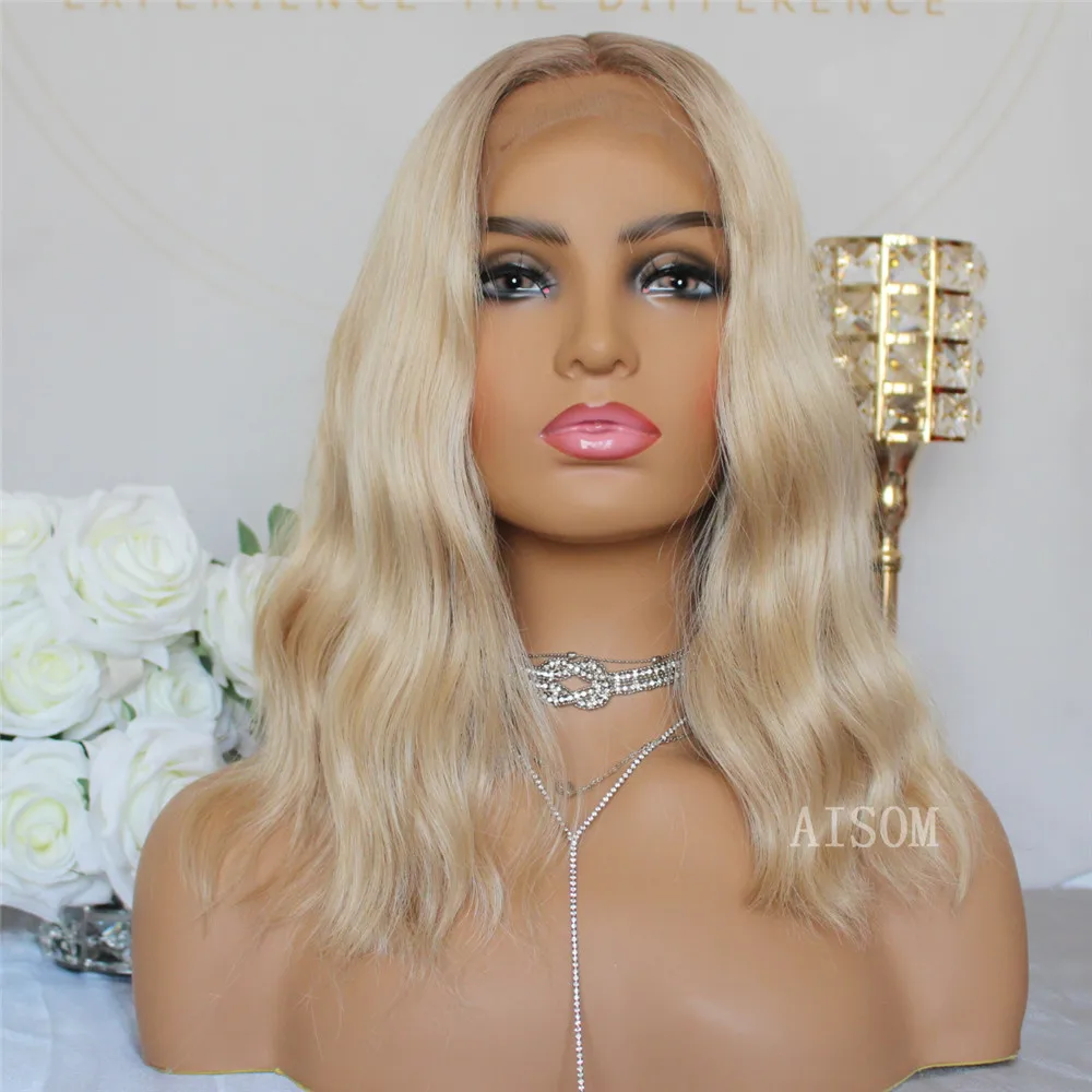 

Короткий парик Боб Ombre блонд синтетический кружевной передний парик для женщин 14 дюймов T часть волна Боб кружевной парик предварительно выщипанные термостойкие волосы из волокна