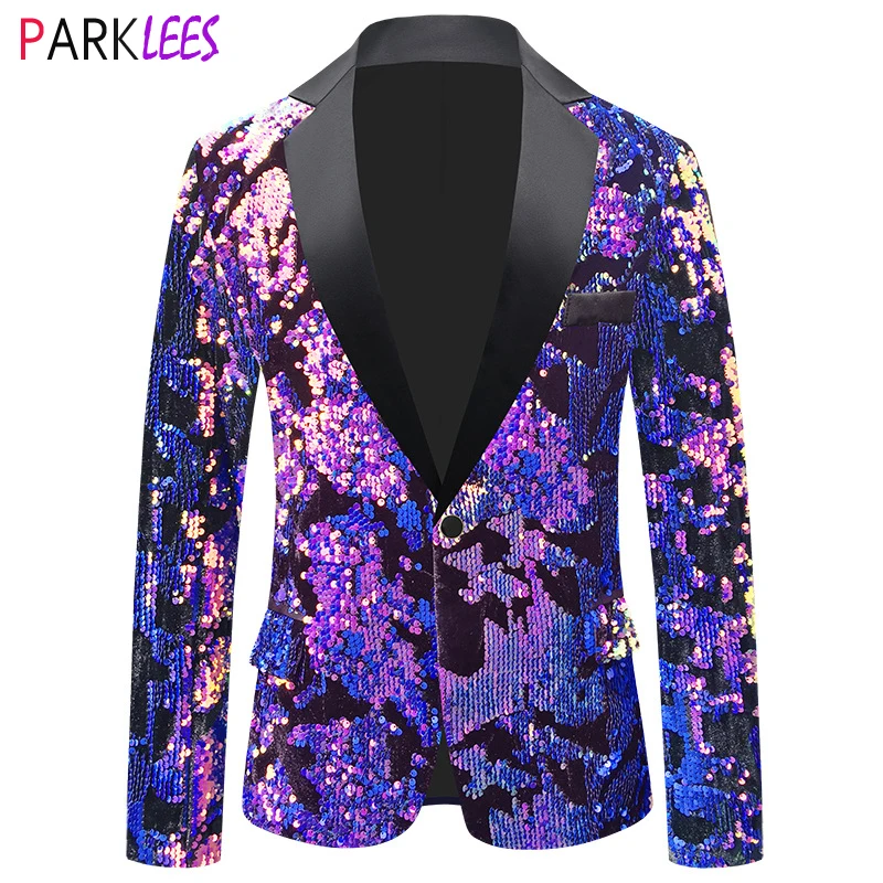 Shiny Purple Sequins Velvet Suit Jacket Men One Button Slim Fit Dress Blazers Mens Wedding Groom Party Stage Prom Blazer Homme