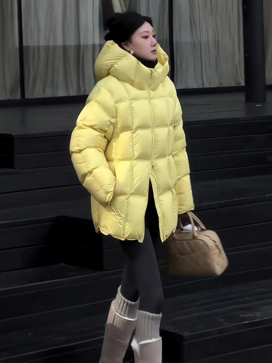 Jaet acolchado Faion de invierno para mujer, abrigo de plumón amarillo ultra cálido, cierre de cremallera largo, corte recto de longitud media