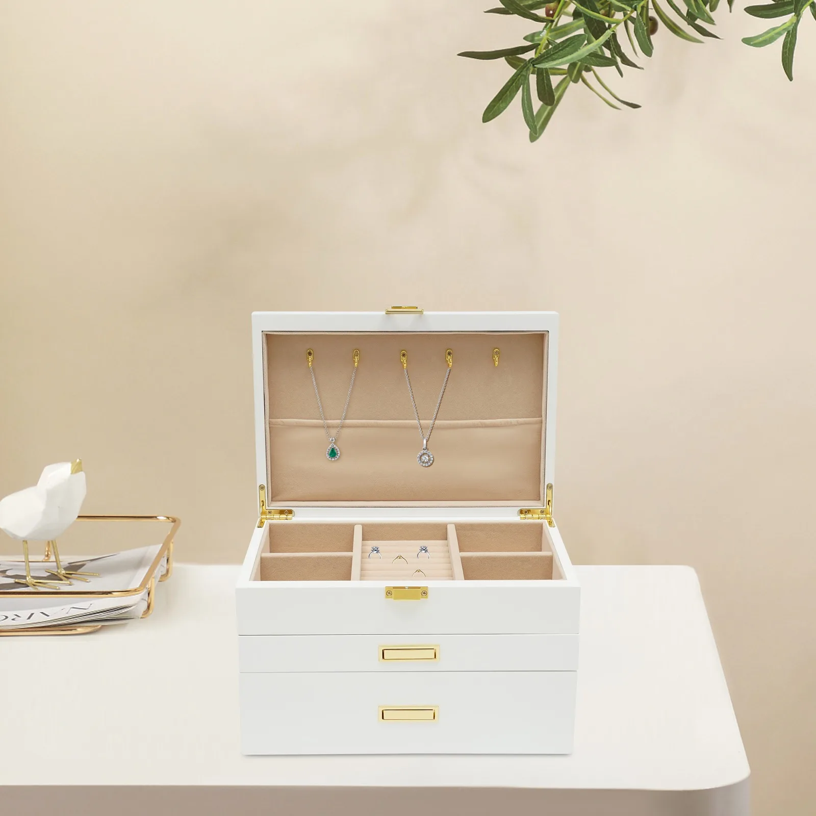 

3-Layer Jewelry Organizer Box for Women, Modern White Jewelry Storage Box with Plush Lining, Rectangular Jewelry Display Case