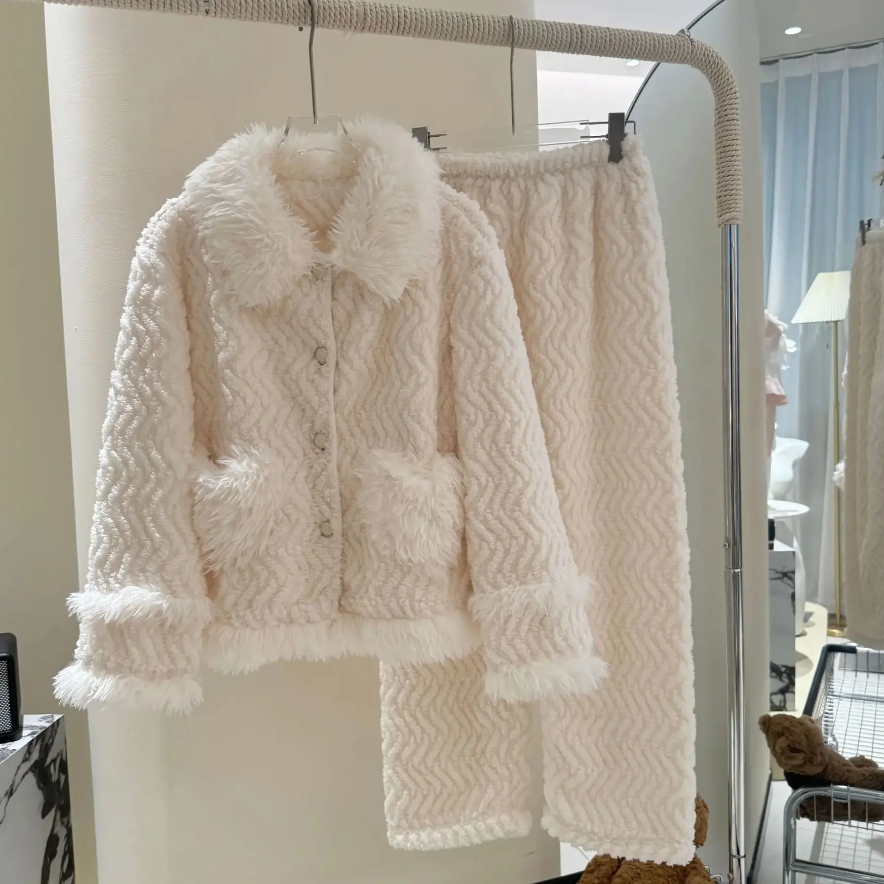 산호 양털 겨울 따뜻한 잠옷 긴 소매 여성 파자마 긴 소매 파자마 세트 바지 세트 홈웨어 홈 슈트