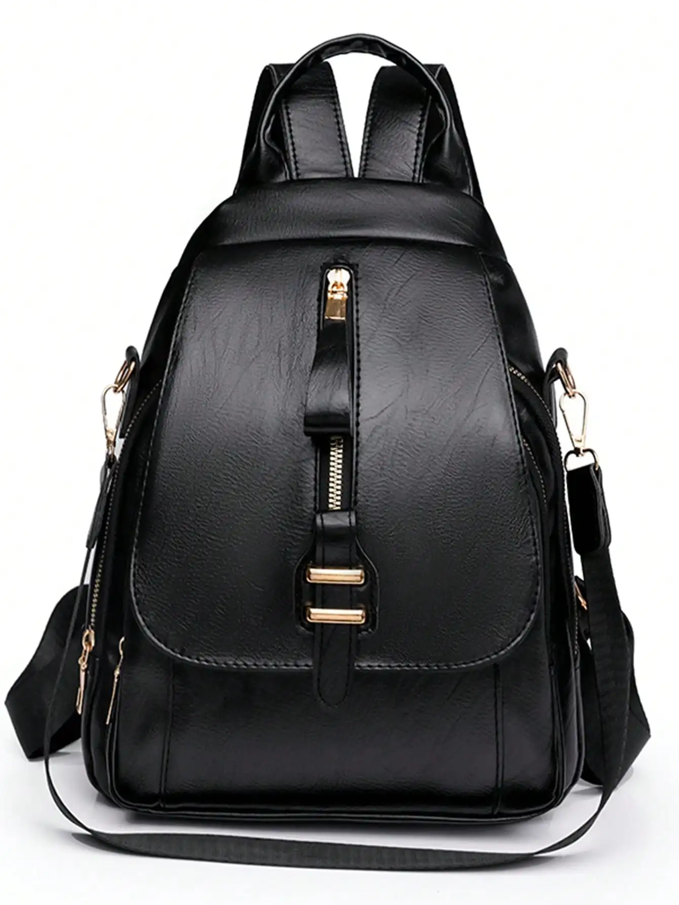 

Шикарная сумка через плечо с передним клапаном на молнии, черная искусственная кожа, металлические украшения, двухслойный карман, боковые карманы для путешественников