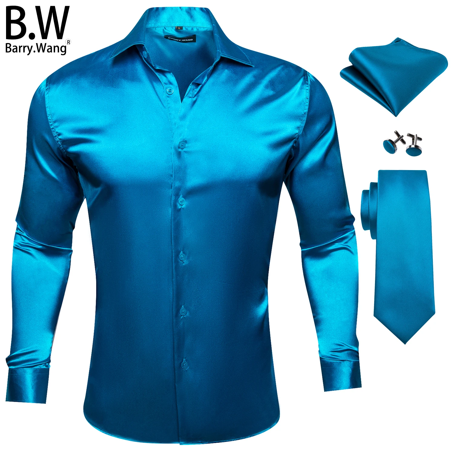 

Barry.Wang Satin Silk Men Shirt Solid Tie Hanky Cuff links Jacquard Teal Blue Burgundy Red Male Blouses Necktie Wedding Business