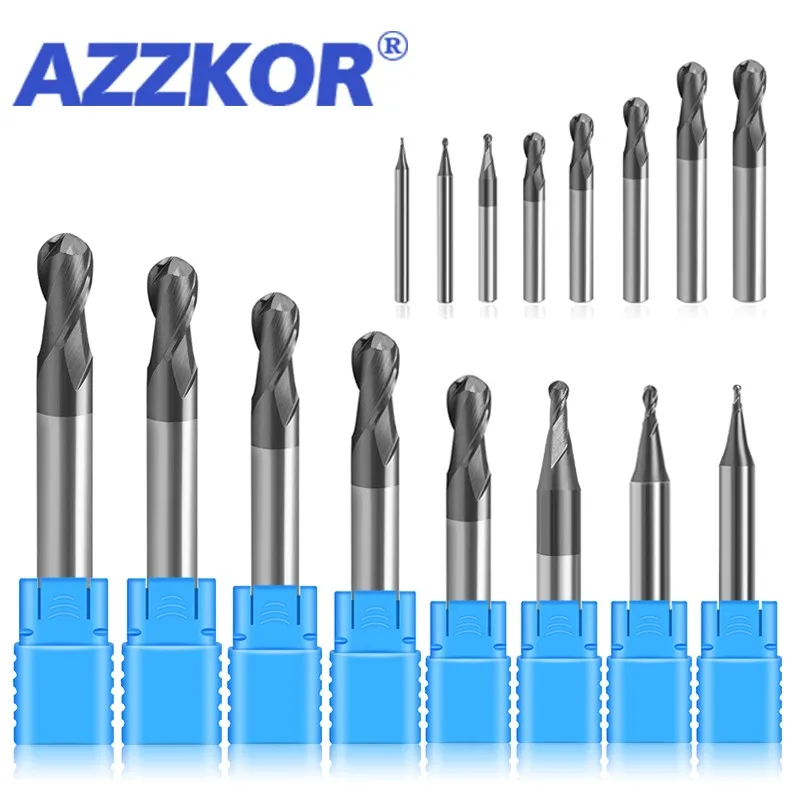 

AZZOKR 1.0mm-12.0mm 11-Piece-Set Tungsten Steel Ball Nose Milling Cutter HRC50 2-Flute Carbide Endmill CNC Machining Tools