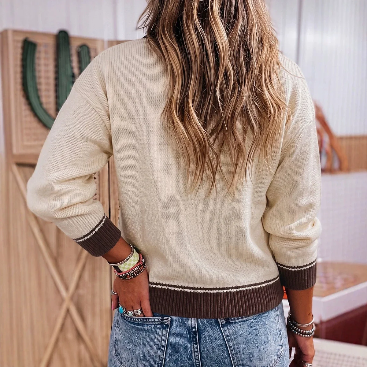Boho Casual Jumper for Fall Winter Vintage Western Cowboy Long Sleeve Warm Sweaters Women Knitted Sweater O Neck Pullover Tops