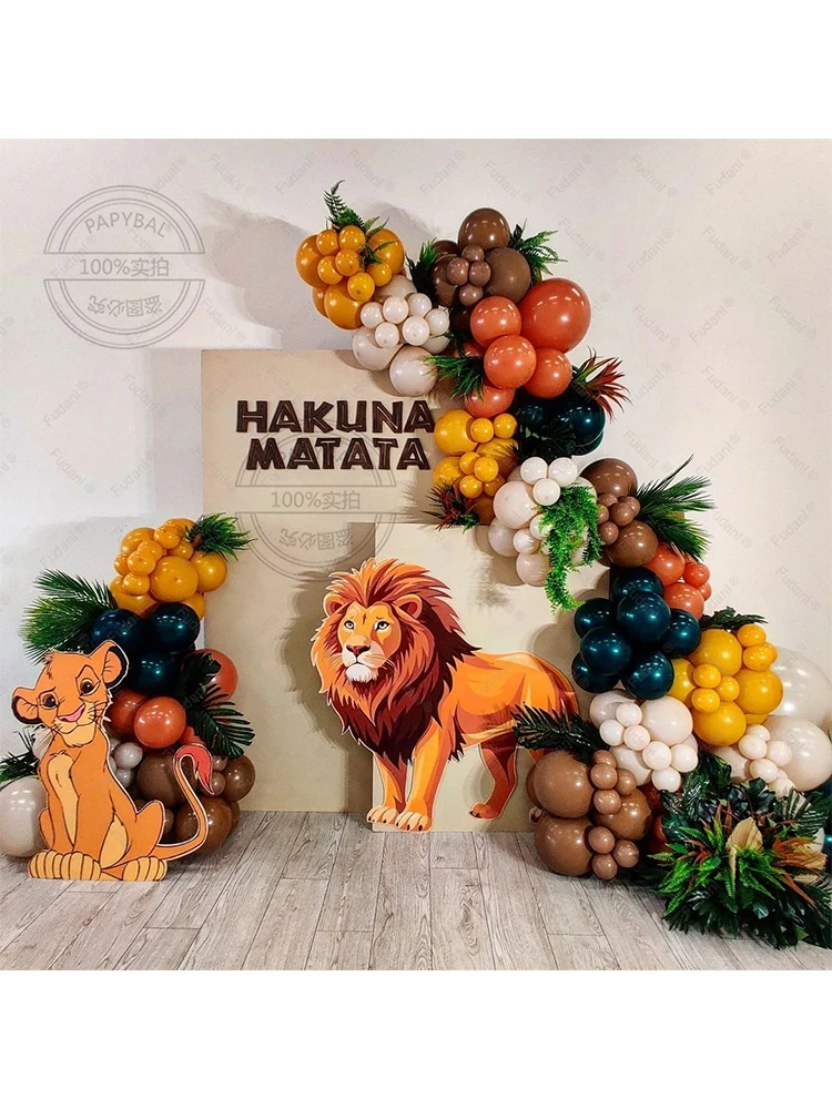 182PCS Lion King Theme Balloon Garland Arch Kit With Artificial Leaf Yellow Orange Blue Latex Globos Kids Birthday Party Decors