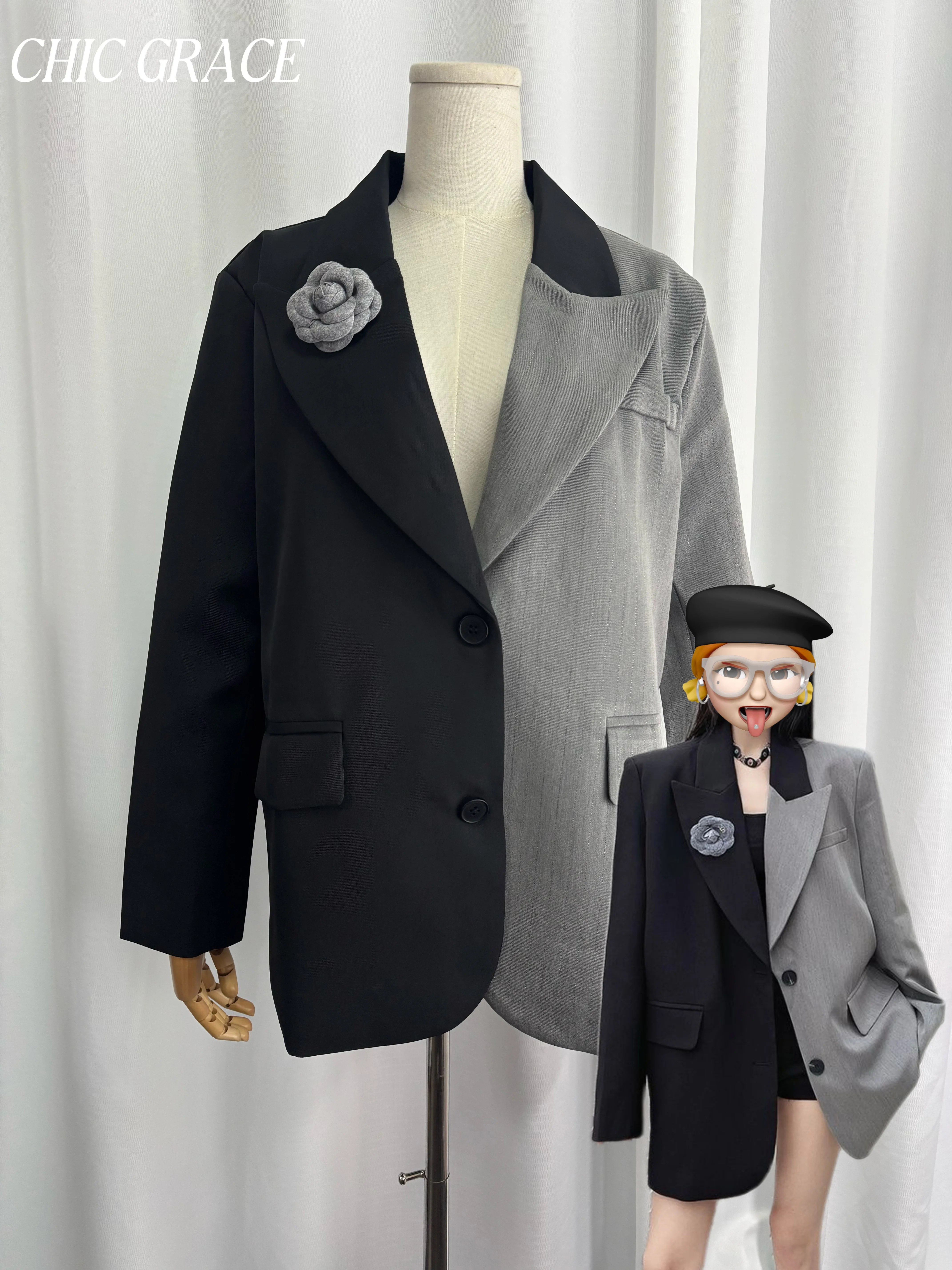 Real shot 2025 New Women's Irregular Color - Block Blazer, Niche Design High - End Temperament Shoulder - Padded Suit Jacket, Sp