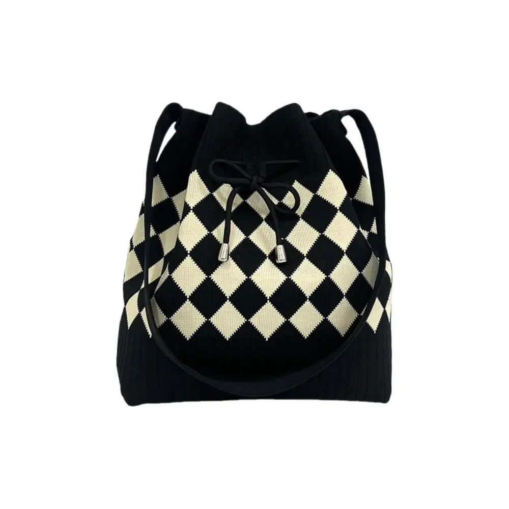 Bundle Pocket Houndstooth Bucket Bag Soft Commute Diamond Drawstring Bag Handbag Large Capacity Knitted Checked Shoulder Bag