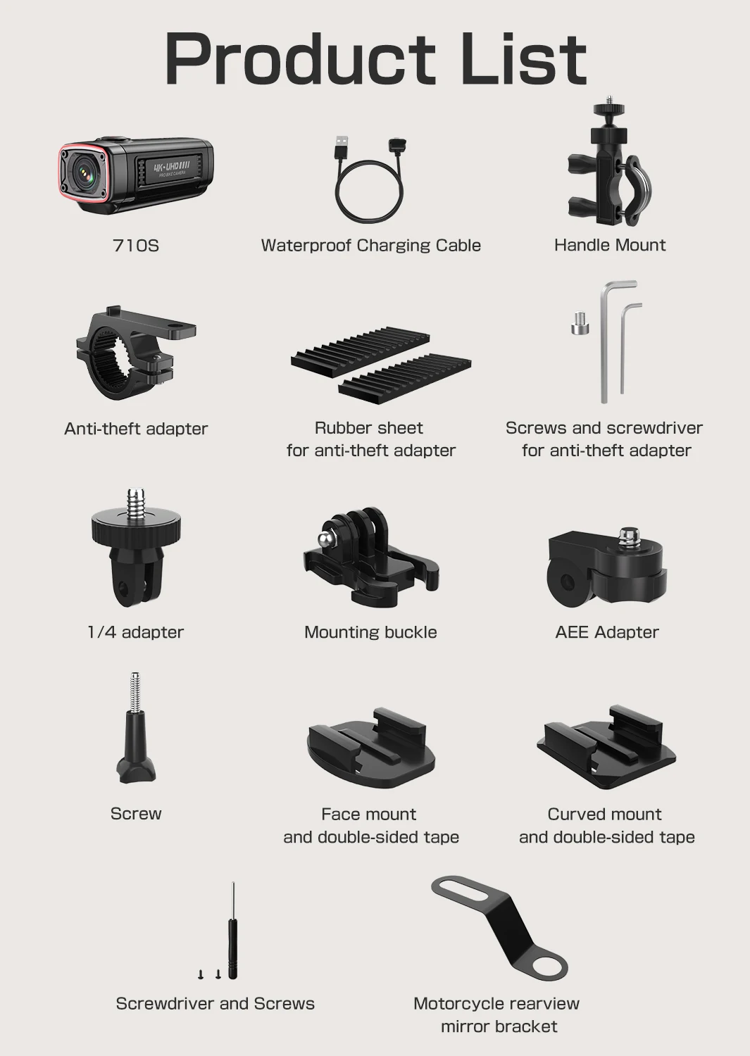 AKY-710S Motorcycle Dash Cam 4K28fps, 2K 55fps, Wide-Angle 142°, IP66, 5MP, Loop & Emergency Recording, Parking Monitor, Smartph