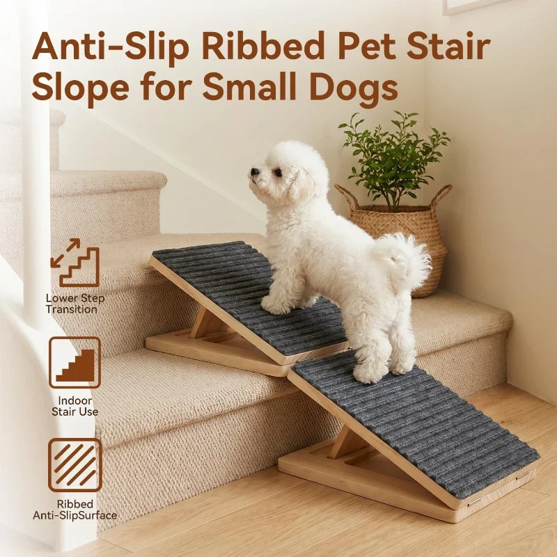 Adjustable Wooden Dog Ramp for Stairs Folding Non‑Slip Pet Ramp 3 Heights for Small Dogs Up to 13.61KG Ribbed Grip Surface