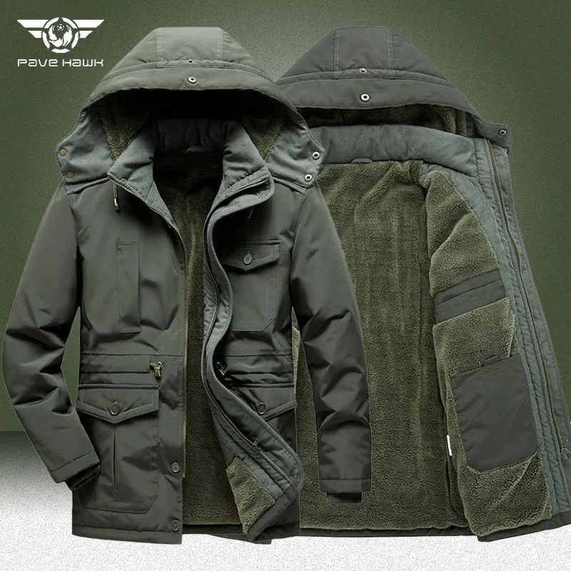 Parkas militares de lana con múltiples bolsillos para hombre, abrigos gruesos y cálidos, cortavientos de carga, forro polar de cordero para exteriores, chaqueta acolchada con capucha, Invierno