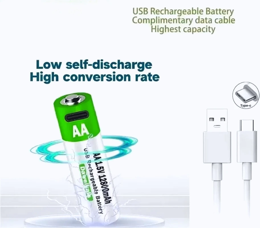 1.5 فولت AA/AAA USB بطارية ليثيوم أيون قابلة للشحن 12800 مللي أمبير/3000 مللي أمبير للتحكم عن بعد/الماوس/الألعاب الكهربائية + تشمل كابل من النوع C