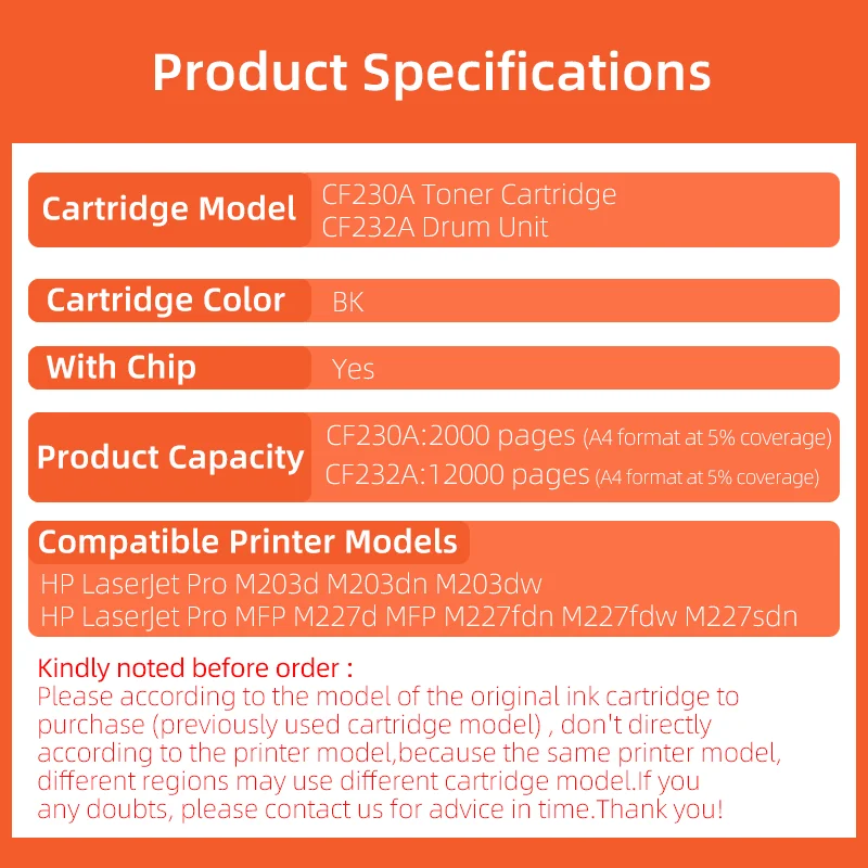 CF230A 230A toner Cartridge CF232A Drum Unit with chip Compatible for HP LaserJet M203d M203dn M203dw M227d M227fdn M227fdw sdn