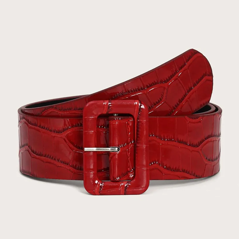 Women Red Wide Belt Stone Pattern Waist Seal Top Dress Tight Casual Decoration Square Buckle Retro Basic Bright Edition Pants