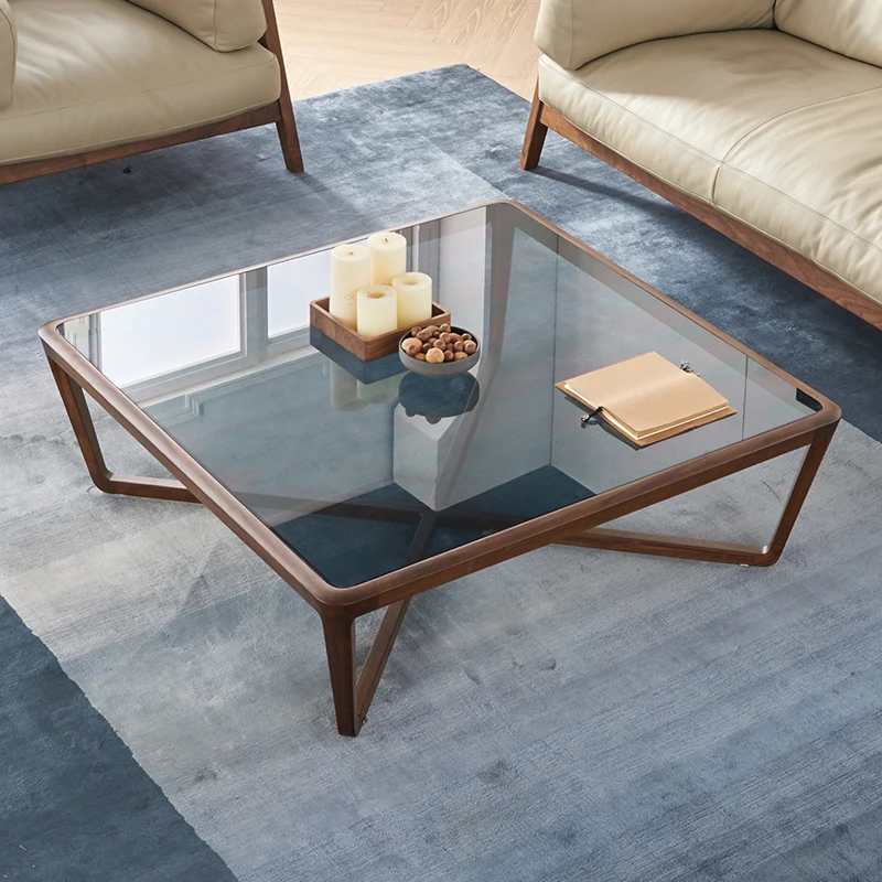 

XK -Style Light Luxury North America Black Walnut Tempered Glass Large Tea Table Square Solid Wood