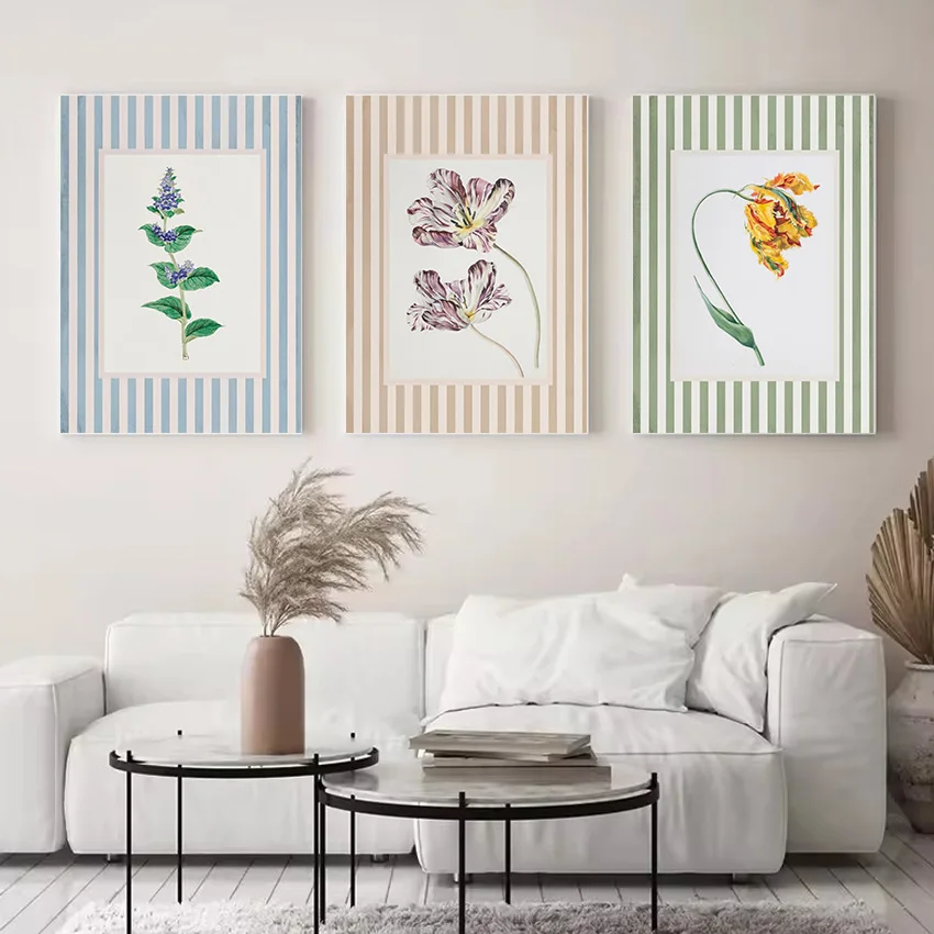 Vintage Striped Floral Hydrangea Oyster Country Cottagecore Aesthetic Poster Canvas Painting Wall Art Pictures Home Decor Gift