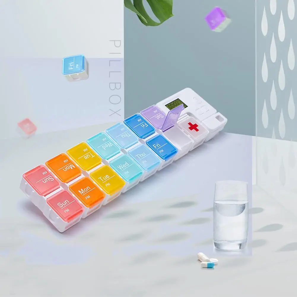 Pilulier hebdomadaire 14 compartiments, boîte à pilules avec minuterie, rappel, alarme, étui à pilules quotidien pour pilules/vitamine/huile de poisson/suppléments