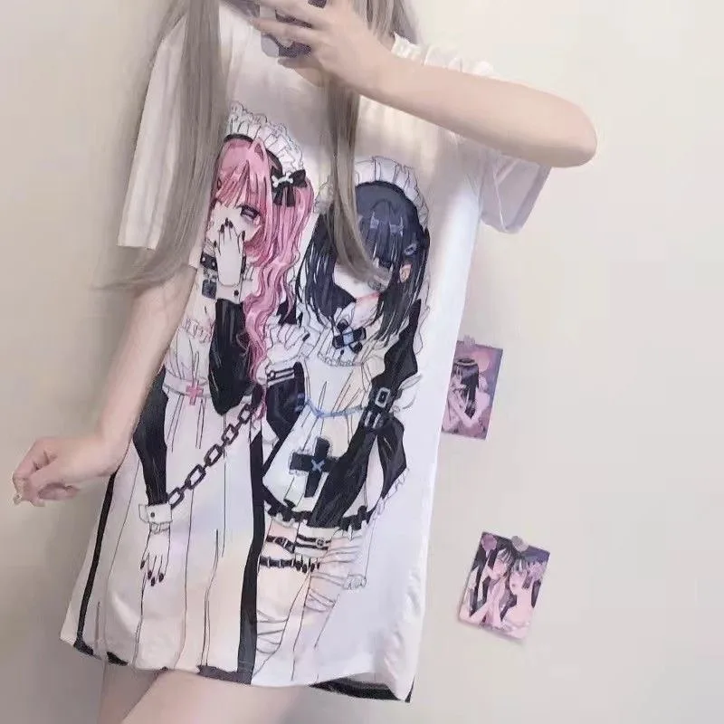 女性用半袖ゴシックプリントTシャツ,日本の服,特大シャツ,y2k,e girl prit,夏