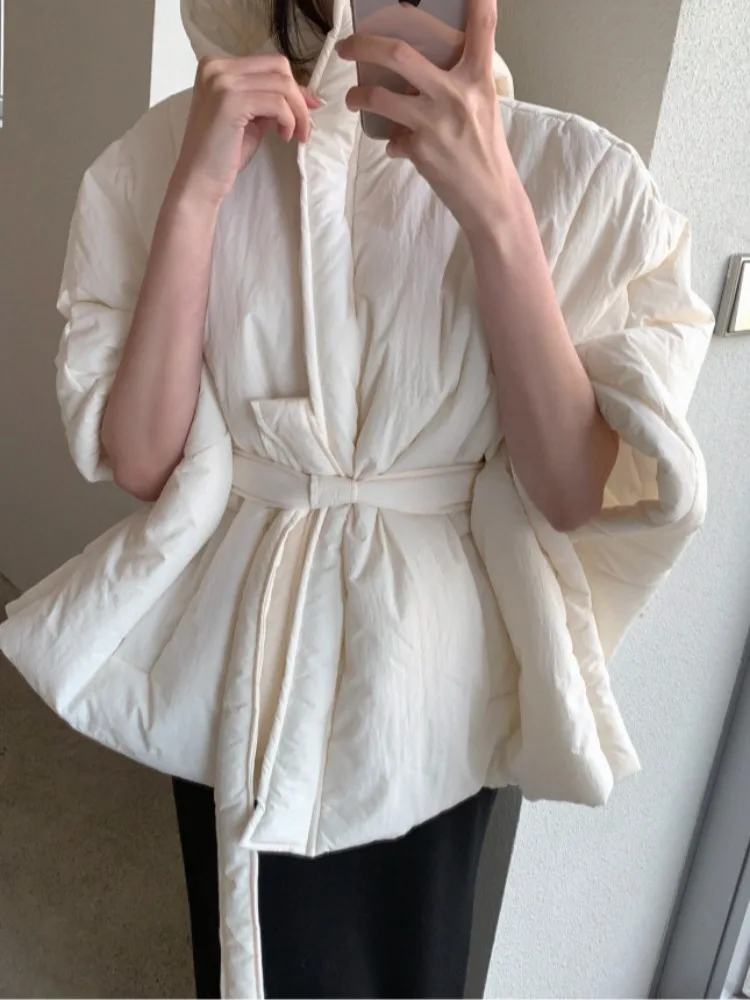 

Dongda Gate Women's Loose Fit Hooded Cotton Jaet with Flng Sve Slimming Tie Belted Cloak Fem Faion Spring Autumn ...