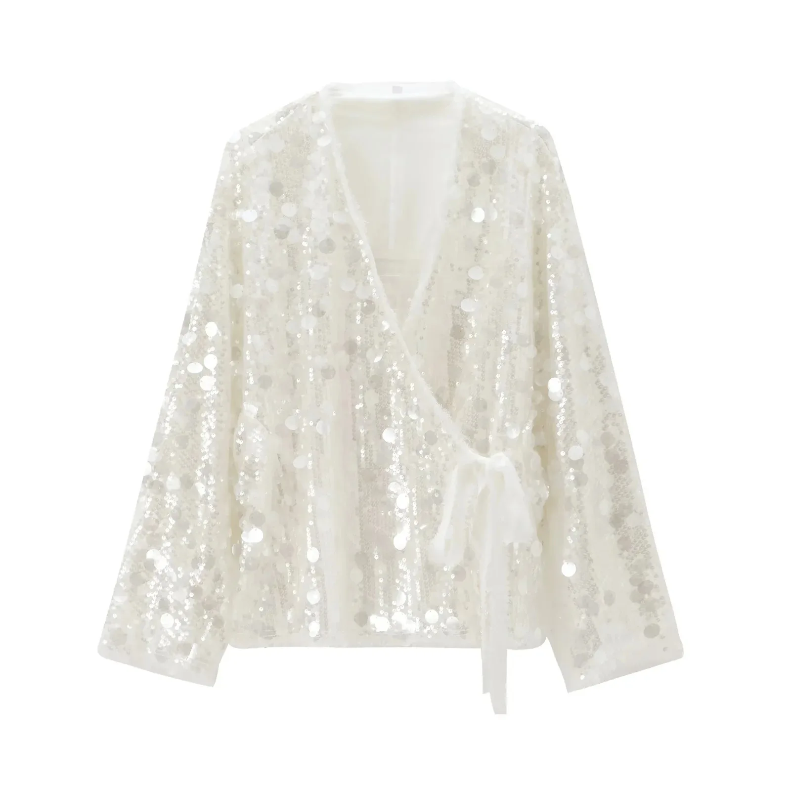 

Sequin Kimono Jacket Women Long Sleeve V Neck Lace-Up Wrap Glitter Cardigan Loose Beach Night Out Top Lady Wrap Outfits 2025