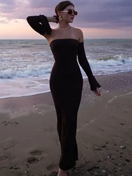 Trendix Black Elegant Evening Dress Women Sexy Off Shoulder Slim High Waist Tube Dresses Beach Party Ruffle Backless Long Dress