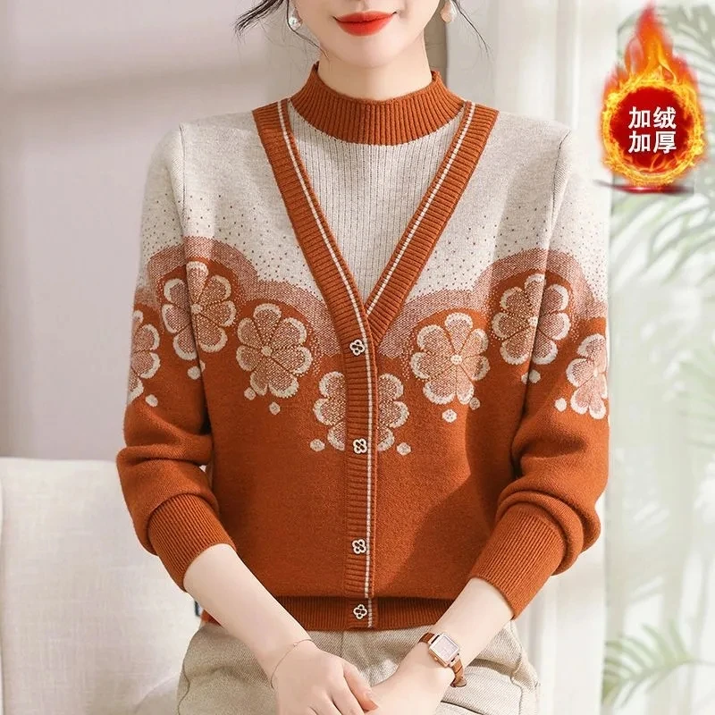 Pulls à fleurs épissés pour femmes, pulls décontractés, col mi-haut, manches longues, pulls avec diamants, vêtements à la mode, automne et hiver, nouveau