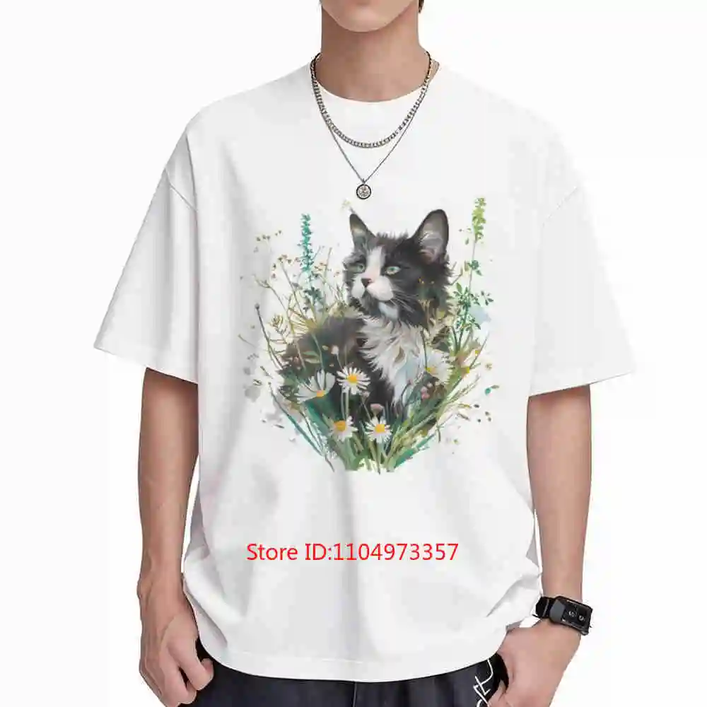 Summer Meadow Tuxedo Cat Watercolour Kitten Cottagecore Short Sleeve Tee 100% Cotton T-Shirt
