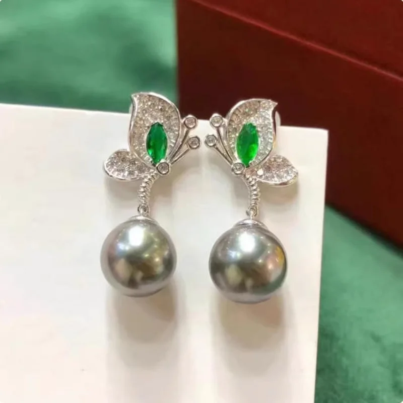 

Exquisite new AAAA natural 9-10MM South Sea gray pearl earrings 925 sterling silver