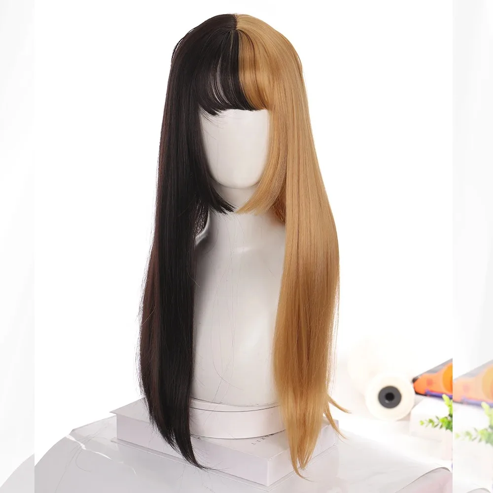 Syntetyczne czerwono-fioletowe peruki dla kobiet Hime cut Fringe Bangs Split Dye Halloween Party Cosplay items Wig Half and Half Color