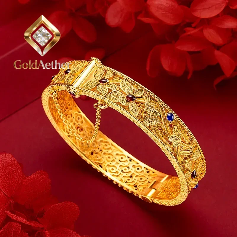 

Золотой браслет GoldAether 9999 пробы из настоящего 24-каратного золота с эмалью в виде орхидеи, увеличенный размер для эффектного образа