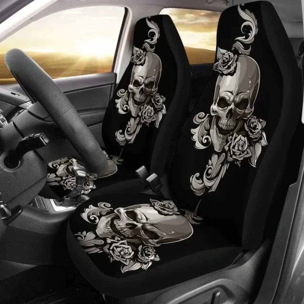 Set Of 2 Floral Sugar Skulls Car Seat Covers,Pack of 2 Universal Front Seat Protective Cover