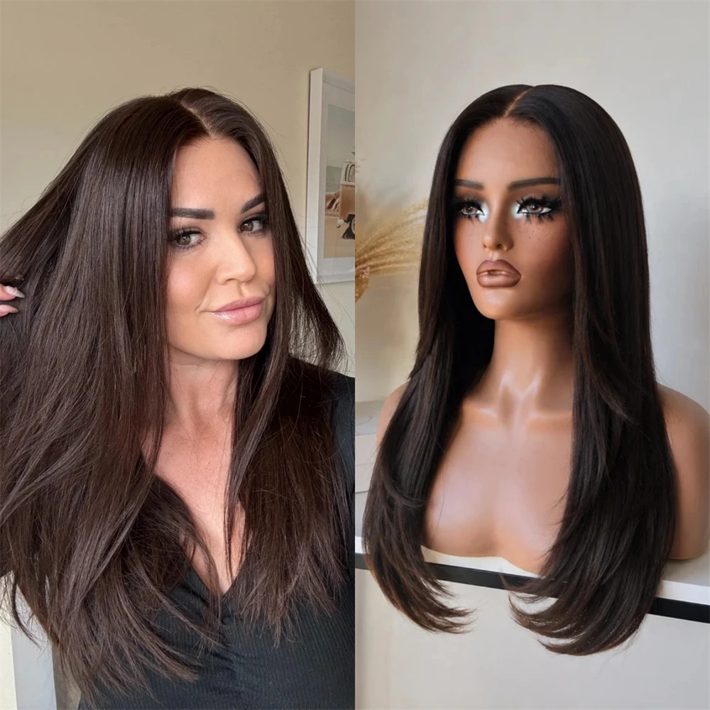 13x4 Middle Part Dark Brown Synthetic HD Lace Front Wig Party Daily Cosplay Heat Resistant Fiber Wig Like Human Hair Woman Wigs