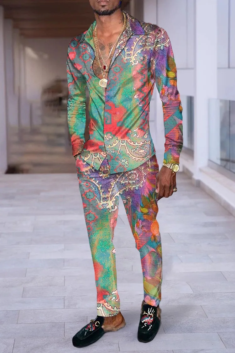 Colorful Block Splicing 3D Print Men Harajuku Clothing Suits Tracksuit Long Sleeve Shirt Long Pants Two Piece Sets Clothing