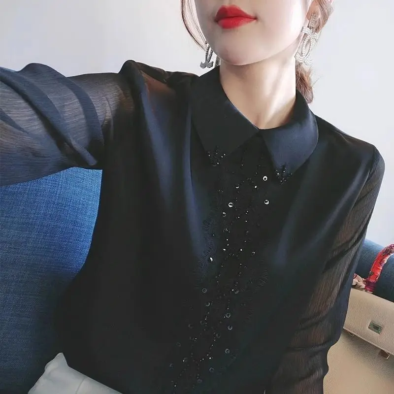 Camicia a maniche lunghe da donna primavera e autunno top in chiffon 2024 Camicia da donna nuova con versatile camicia con temperamento di copertura della pancia