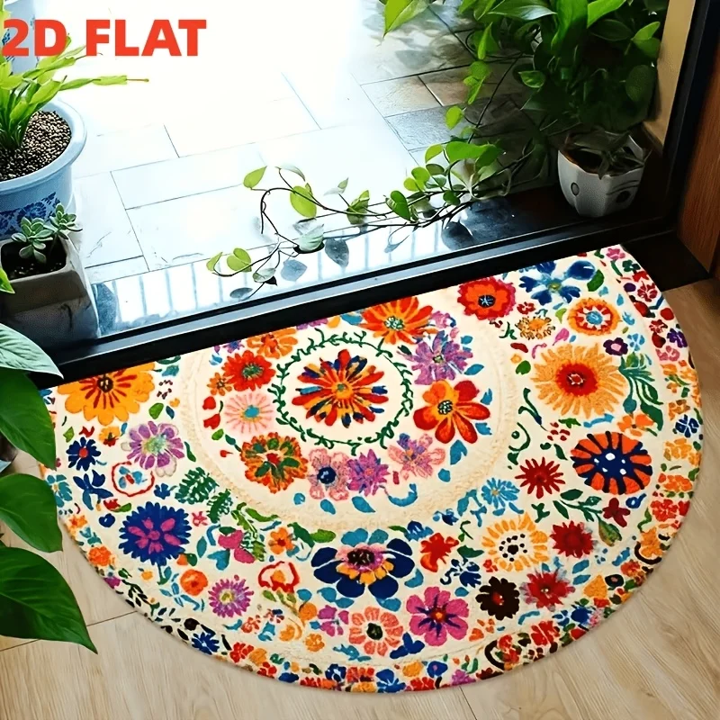 VIKAMA Semi‑Circle Floral Doormat 2D Bright Multicolor Flower Print Soft Wear‑resistant Non‑slip Floor Mat For Home Door Mat