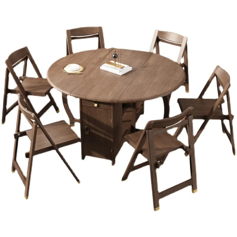 

Dining table, folding, round, household, solid wood, storage, round table, multi-function, dining table and chairs, combination