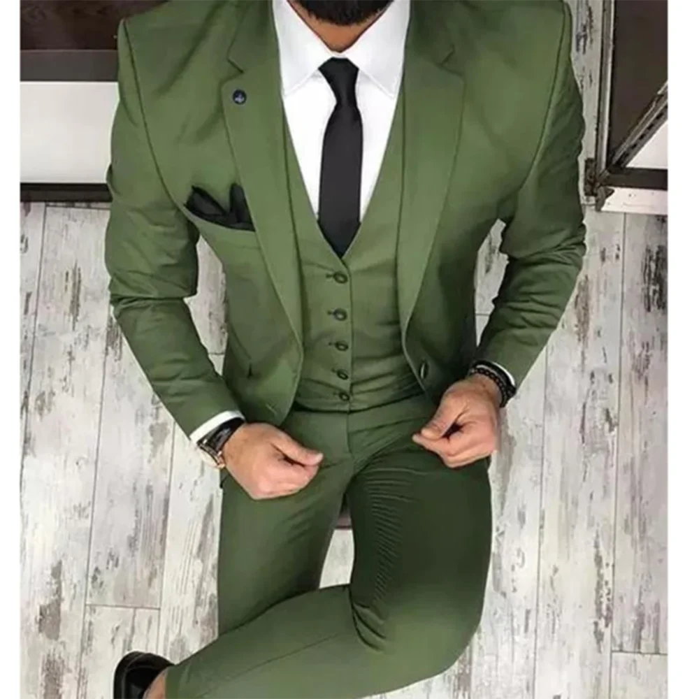 Elegant GreenBlack Suit For Men 3 Piece Jacket Pants Vest Single Breasted Peak Lapel Business Banquet Terno Masculinos Completo