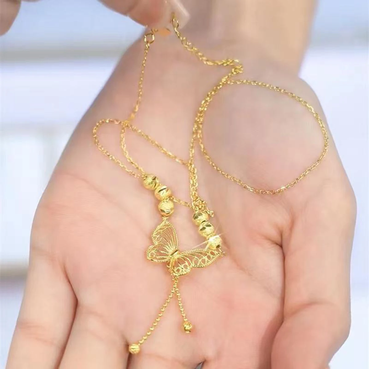 Live Burst Fashion Temperament Titanium Steel Necklace Openwork Five Blessings Beads Butterfly Collarbone Chain Necklace image 5