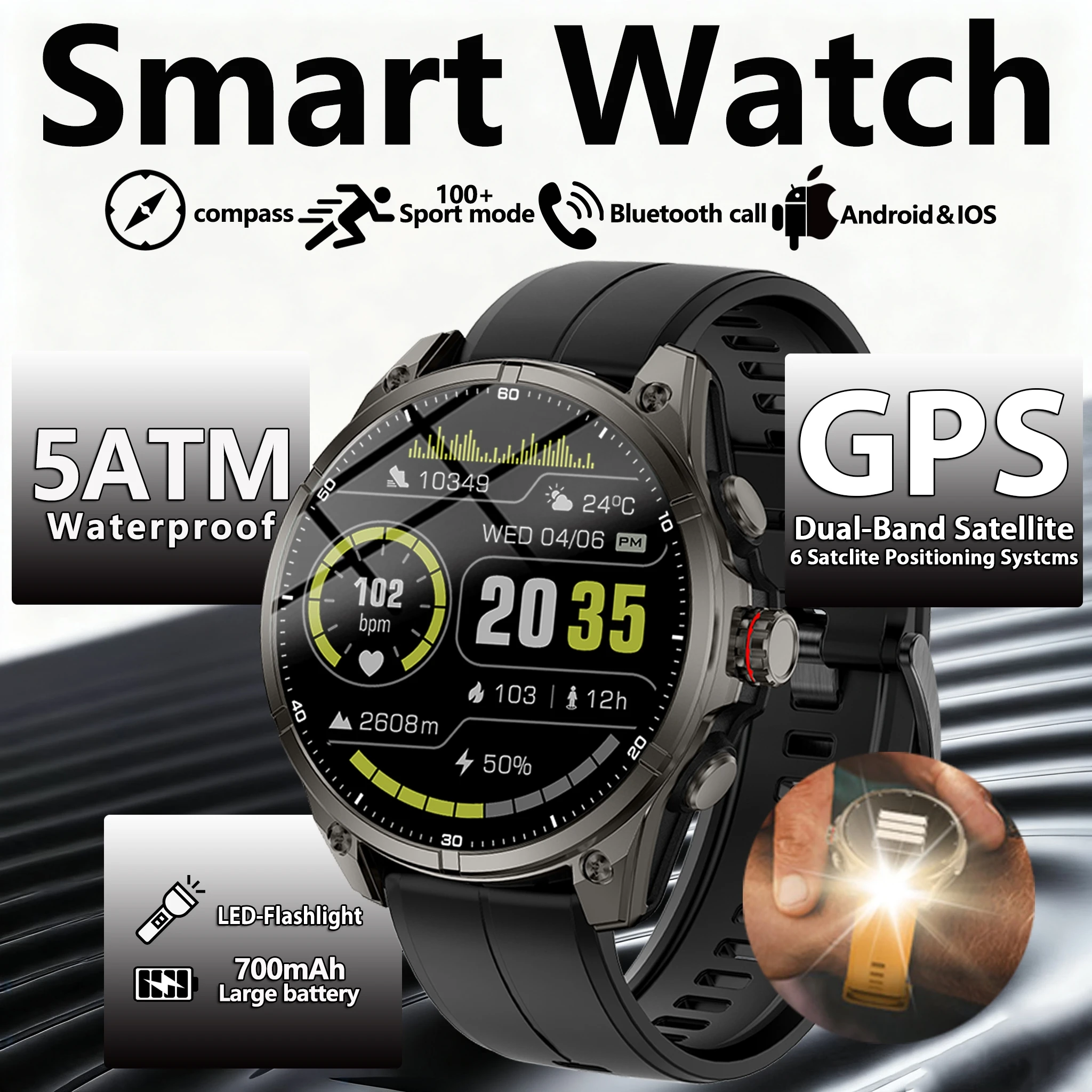 

2025 New GPS Smart Watches Outdoor Sport Built-in GPS Altimeter Barometer Compass LED Flashlight AMOLED 3ATM Smartwatch Men Gift