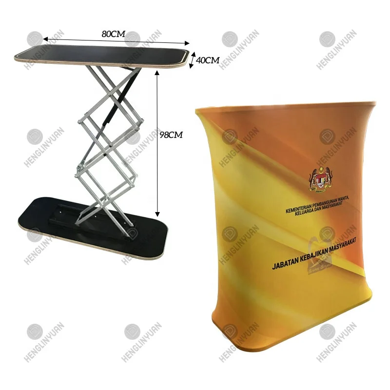Telescopic Automatic Pop-up Table Tension Fabric Pop-up Podium Booth Counter with Light Emitting Diode Light