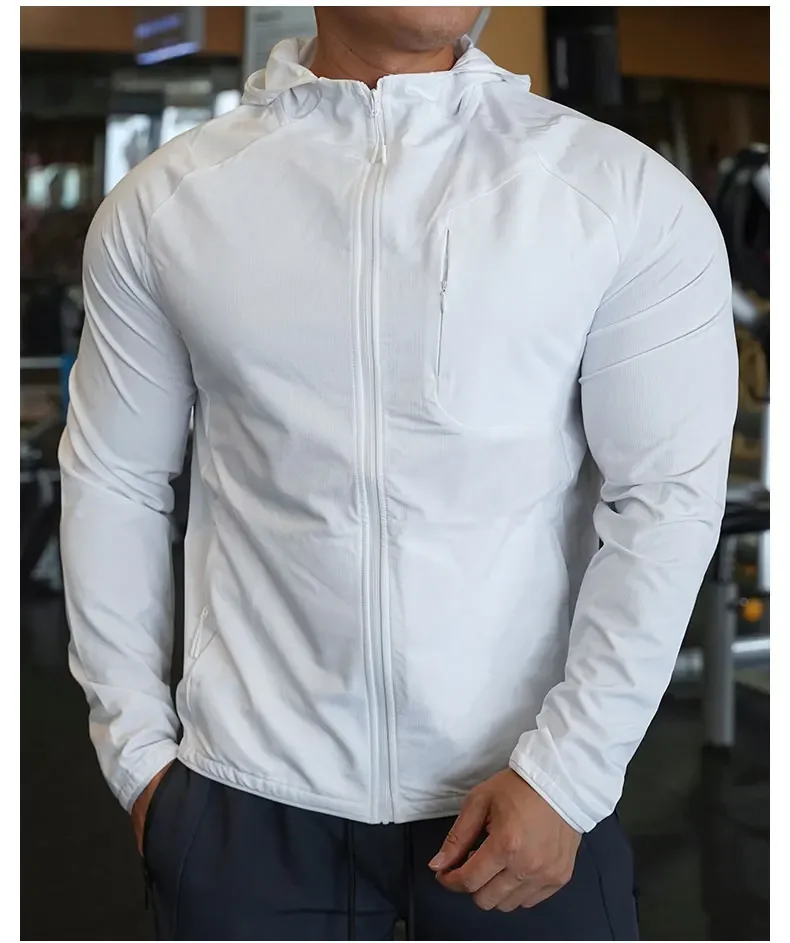 Hochwertiger Nylon-Sportmantel für Herren, Fitnessstudio, Fitness, Hoodies, Outdoor-Workout-Tops, Kapuzentraining, Laufen, Reißverschlussjacke, Kleidung – Detail 6