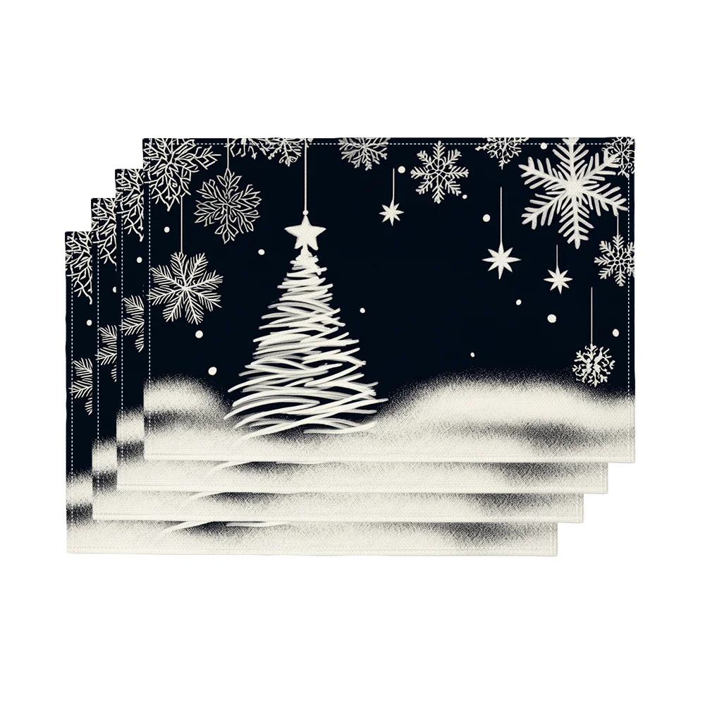 4‑Piece Festival Placemats, Christmas Tree & Snowflake Print for Winter Festive Vibe. Perfect for Kitchen, Family Gatherings