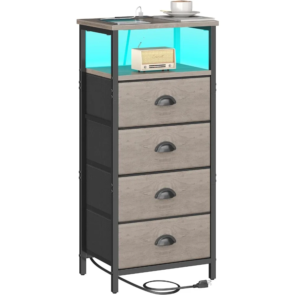 

Nightstand with Charging Station,LED Grey Nightstand with 4 Fabric Drawers, Bedside End Tables, 2-Tier Open Storage Shelf Side T