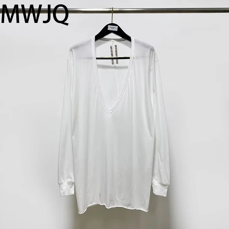 MWJQ Darkly Deep V-Neck Design Men's T-shirts 2025 Fashoin New Solid Color Long Sleeve Thin Male Knitted Tops  Tide 010050