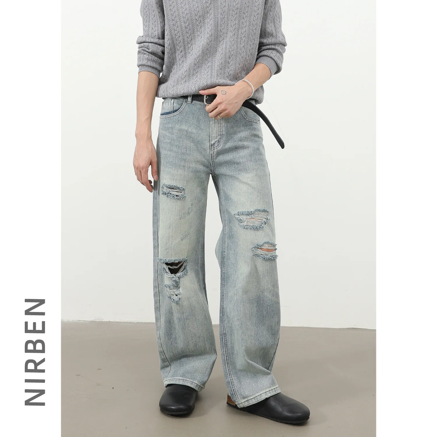 Denim Retro Ripped Jeans Men's Loose American Semi-elastic Waist High Street Trousers