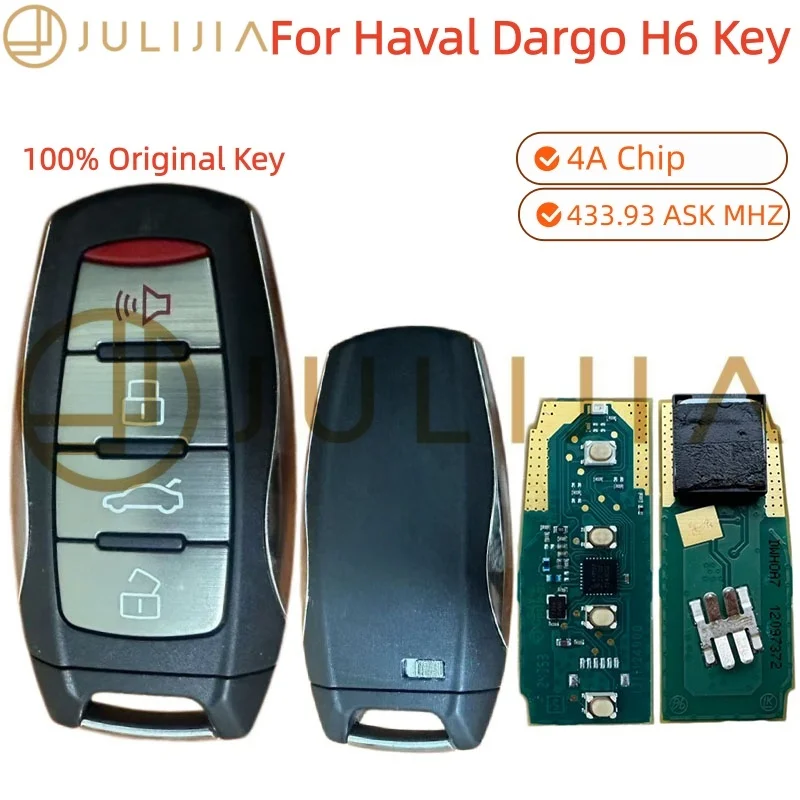 

Оригинальный смарт-ключ для автомобиля Great Wall Haval Dargo H6, чип 4A, 433 МГц ASK, 2022-2024, 4 кнопки, оригинальный ключ 3608700XSW04A